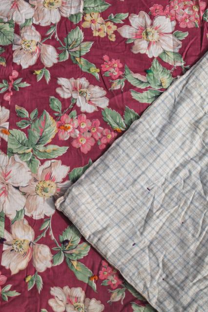 photo of pair vintage floral print whole cloth quilts, soft puffy wool filled cotton comforters #7