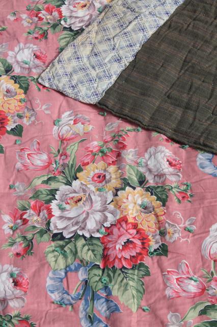 photo of pair vintage floral print whole cloth quilts, soft puffy wool filled cotton comforters #15