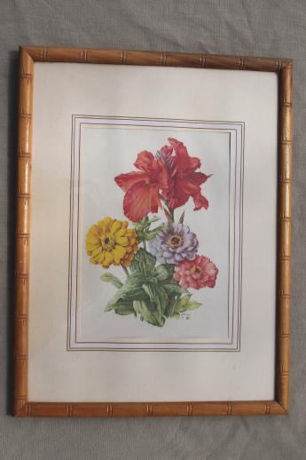 photo of pair vintage floral prints in faux bois bamboo carved wood picture frames #3