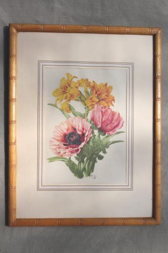 photo of pair vintage floral prints in faux bois bamboo carved wood picture frames #4