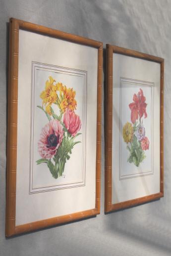 photo of pair vintage floral prints in faux bois bamboo carved wood picture frames #8