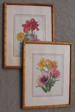 catalog photo of pair vintage floral prints in faux bois bamboo carved wood picture frames