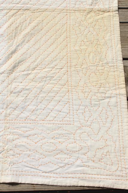 photo of pair vintage flour sack feedsack quilts w/ running stitch embroidery quilting #12