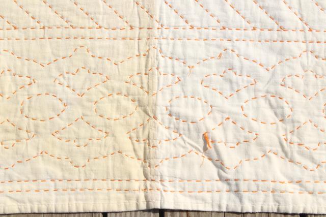 photo of pair vintage flour sack feedsack quilts w/ running stitch embroidery quilting #13