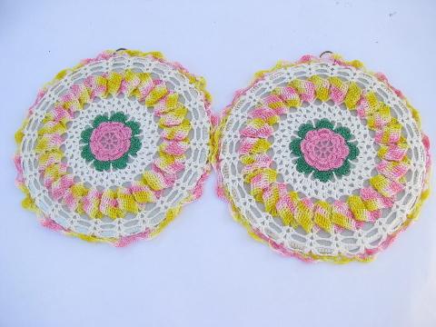 photo of pair vintage flower crochet cotton thread hot mats, hot pads, trivets #1