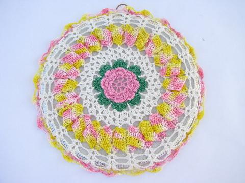 photo of pair vintage flower crochet cotton thread hot mats, hot pads, trivets #2