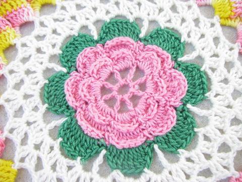 photo of pair vintage flower crochet cotton thread hot mats, hot pads, trivets #3