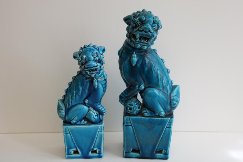 photo of pair vintage foo dog statues, large & small ceramic figures turquoise blue glaze #1