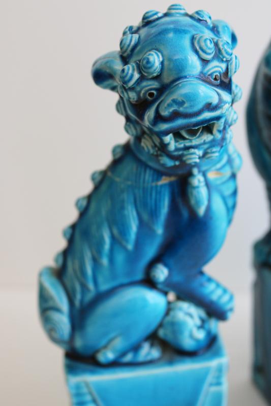 photo of pair vintage foo dog statues, large & small ceramic figures turquoise blue glaze #2