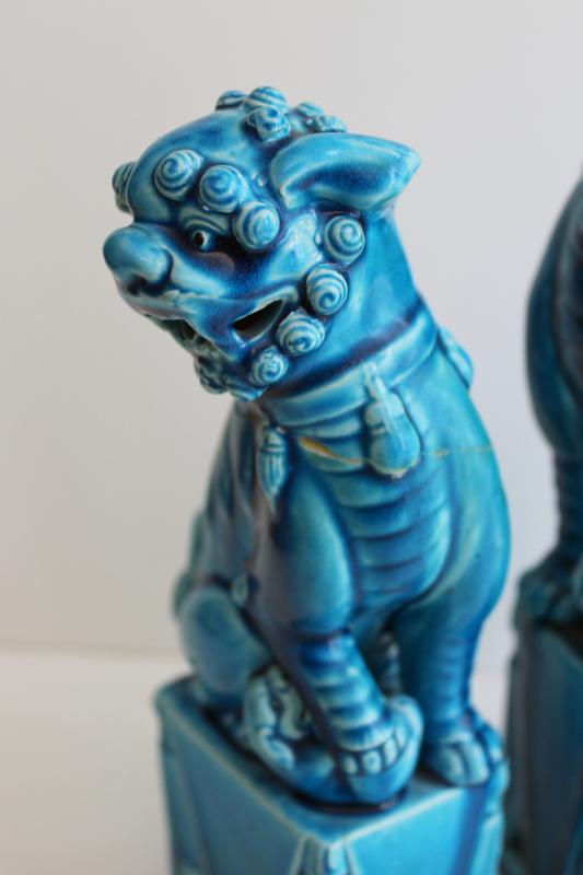 photo of pair vintage foo dog statues, large & small ceramic figures turquoise blue glaze #3