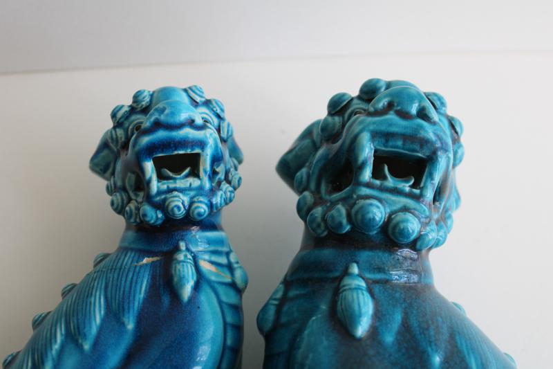 photo of pair vintage foo dog statues, large & small ceramic figures turquoise blue glaze #5