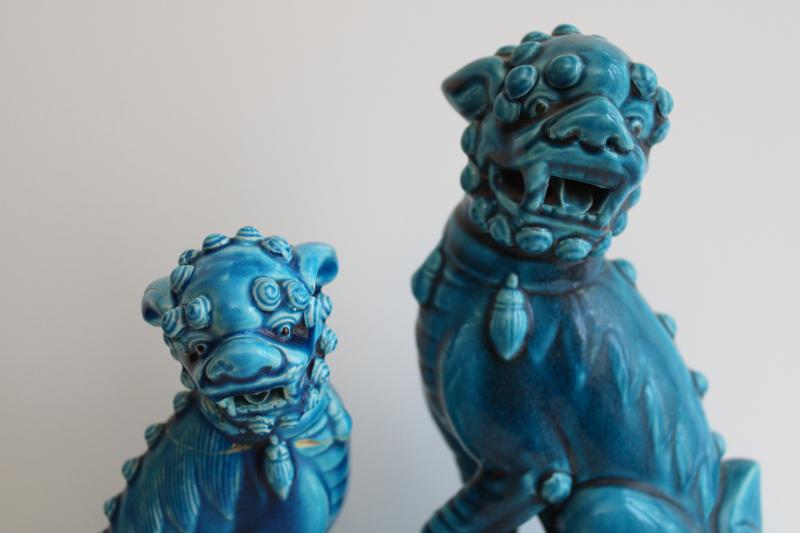 photo of pair vintage foo dog statues, large & small ceramic figures turquoise blue glaze #6