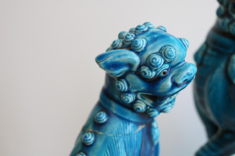 photo of pair vintage foo dog statues, large & small ceramic figures turquoise blue glaze #7