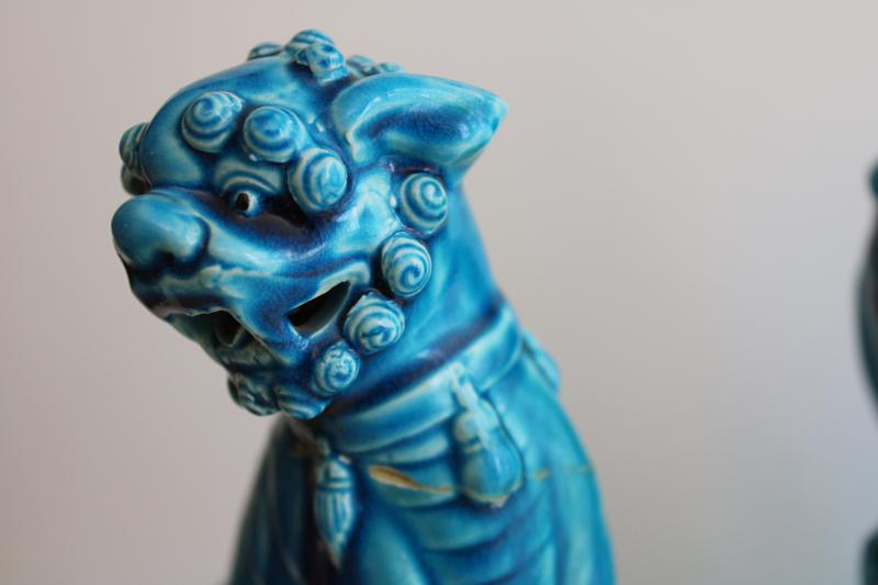 photo of pair vintage foo dog statues, large & small ceramic figures turquoise blue glaze #8