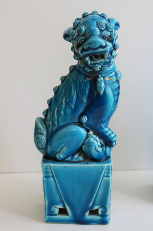 photo of pair vintage foo dog statues, large & small ceramic figures turquoise blue glaze #9