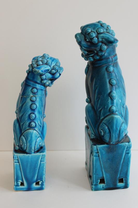 photo of pair vintage foo dog statues, large & small ceramic figures turquoise blue glaze #11