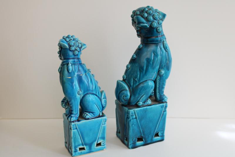 photo of pair vintage foo dog statues, large & small ceramic figures turquoise blue glaze #12