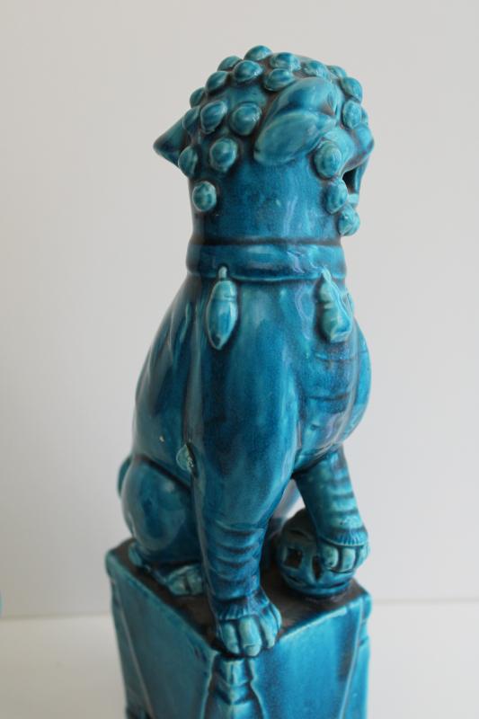 photo of pair vintage foo dog statues, large & small ceramic figures turquoise blue glaze #13