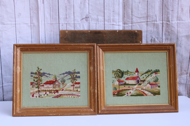 photo of pair vintage framed needlepoint pictures, little white church village scenes on green  #1