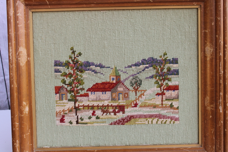 photo of pair vintage framed needlepoint pictures, little white church village scenes on green #2