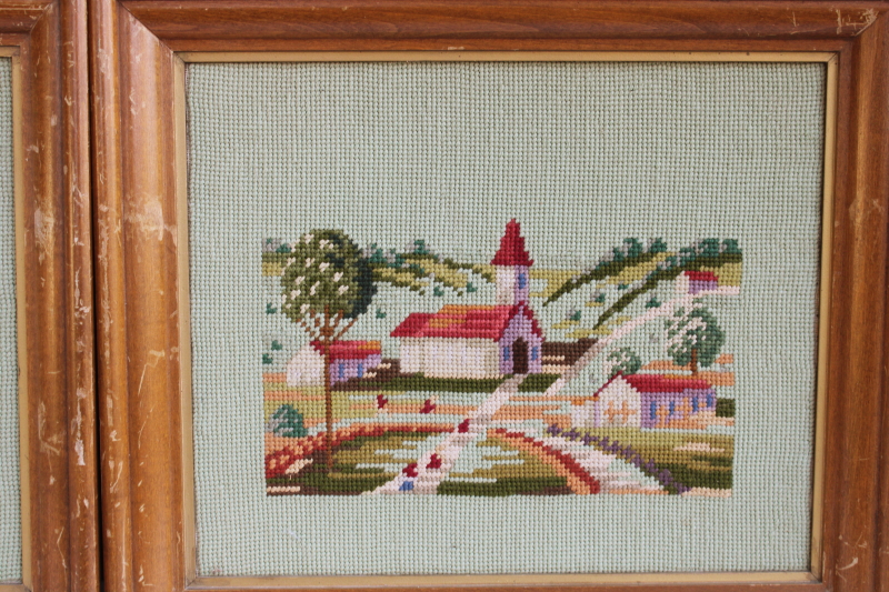 photo of pair vintage framed needlepoint pictures, little white church village scenes on green #3