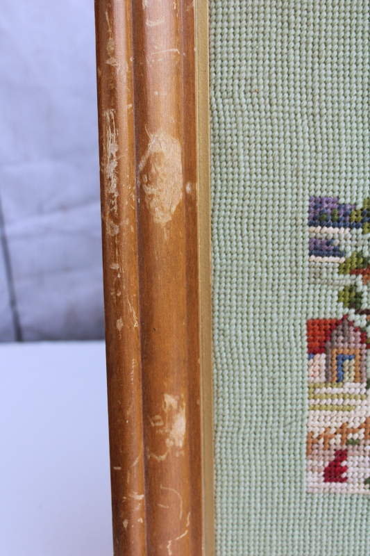 photo of pair vintage framed needlepoint pictures, little white church village scenes on green #4