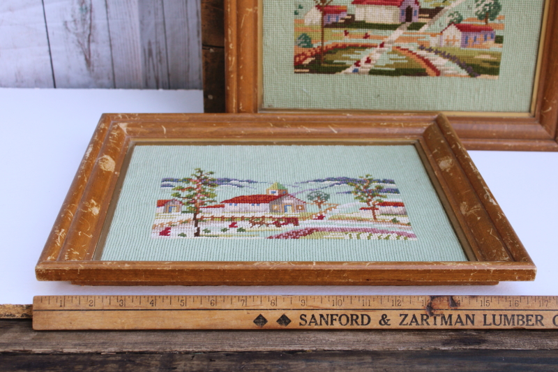 photo of pair vintage framed needlepoint pictures, little white church village scenes on green #5
