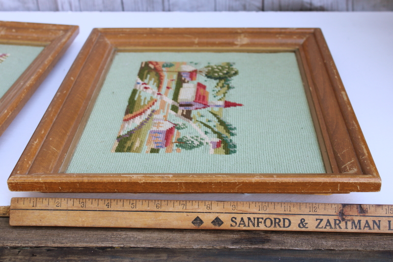 photo of pair vintage framed needlepoint pictures, little white church village scenes on green #6