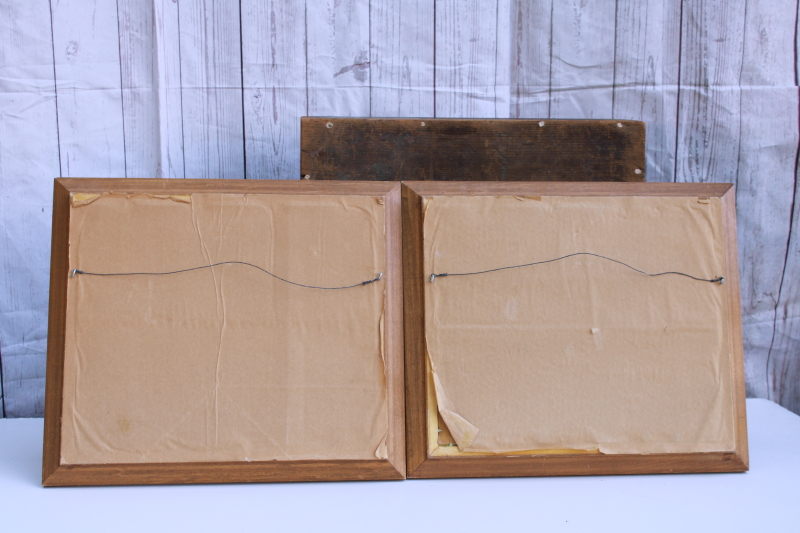 photo of pair vintage framed needlepoint pictures, little white church village scenes on green #7