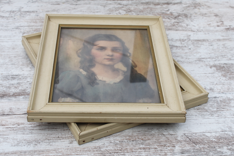 photo of pair vintage framed prints early 1900s children boy & girl portraits, romantic creepy decor #4