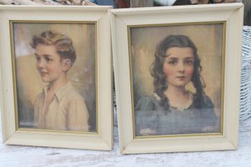 pair vintage framed prints early 1900s children boy & girl portraits, romantic creepy decor