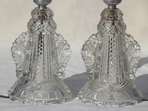 photo of pair vintage glass boudoir lamps, art deco pattern glass vanity lamp set #2