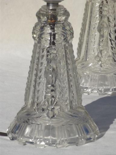 photo of pair vintage glass boudoir lamps, art deco pattern glass vanity lamp set #4