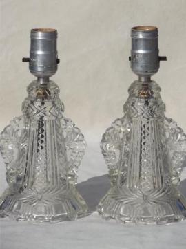 catalog photo of pair vintage glass boudoir lamps, art deco pattern glass vanity lamp set