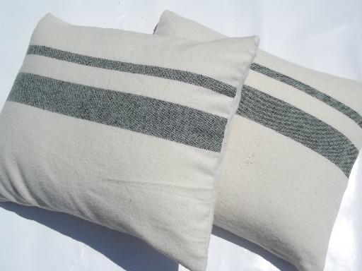 photo of pair vintage green stripe wool camp blanket fabric cover feather pillows #1