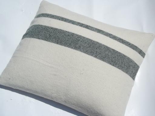 photo of pair vintage green stripe wool camp blanket fabric cover feather pillows #2