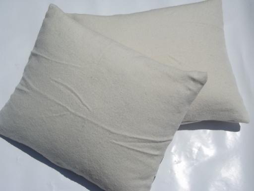 photo of pair vintage green stripe wool camp blanket fabric cover feather pillows #3
