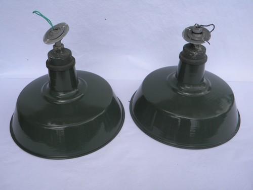 photo of pair vintage green&white industrial enamel barn or stable lights #1