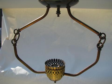 photo of pair vintage hanging brass farmhouse kitchen lamps, tole metal shades #2