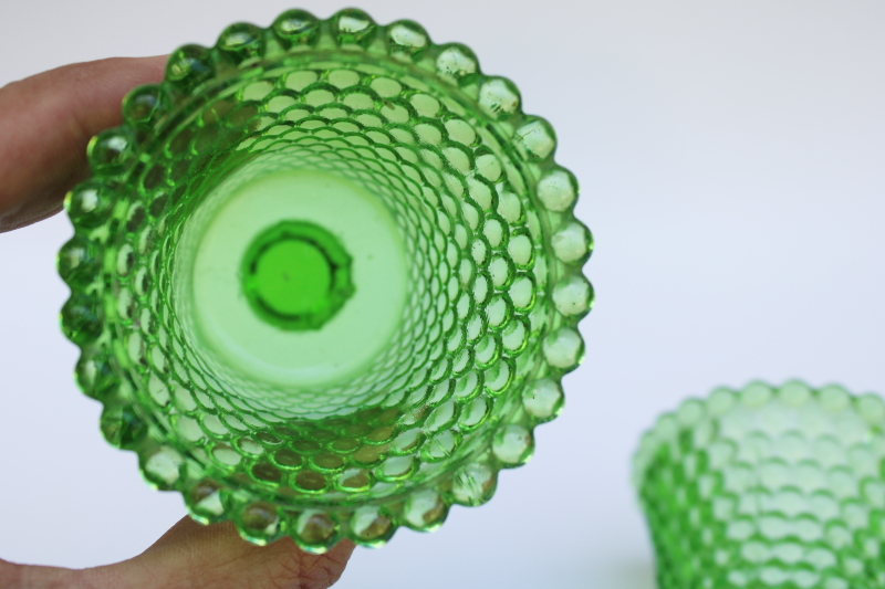 photo of pair vintage hobnail glass peg votive cups for sconces or candle holders, grass green colored glass  #2