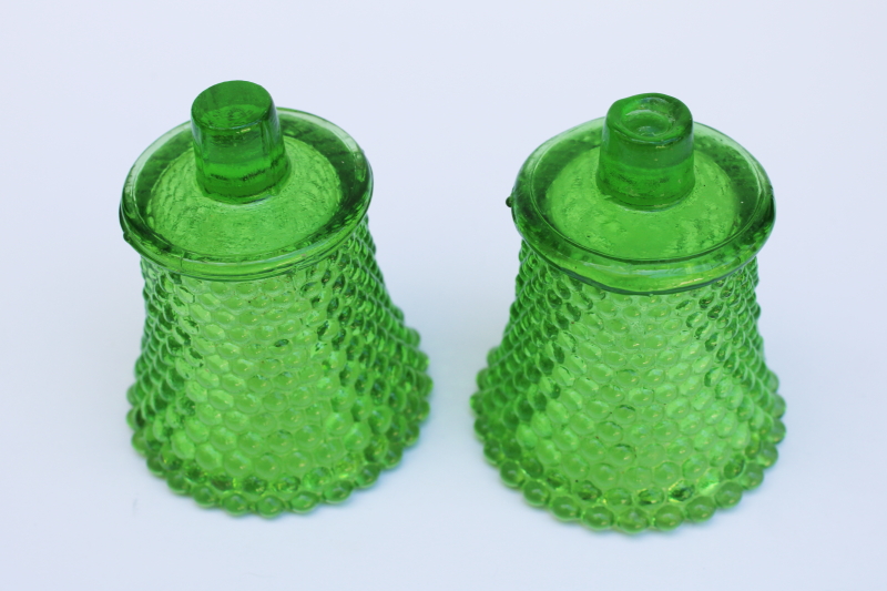 photo of pair vintage hobnail glass peg votive cups for sconces or candle holders, grass green colored glass  #4
