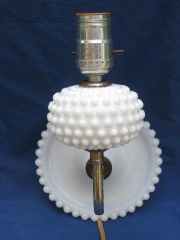 photo of pair vintage hobnail milk glass sconces, wall mount reading lamps #2