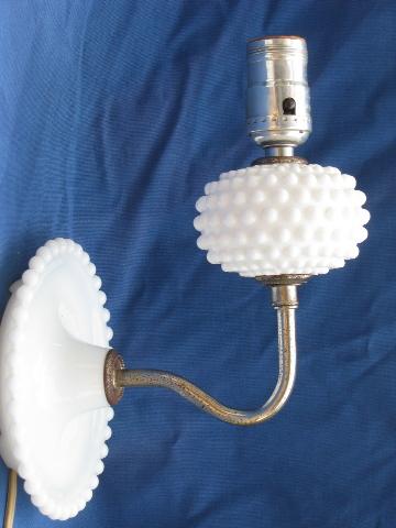 photo of pair vintage hobnail milk glass sconces, wall mount reading lamps #3