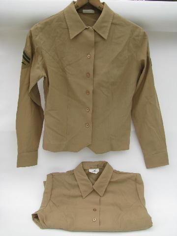 photo of pair vintage khaki tan woman's US Army uniform shirts w/rifle patched #1