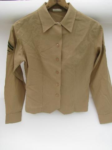 photo of pair vintage khaki tan woman's US Army uniform shirts w/rifle patched #2