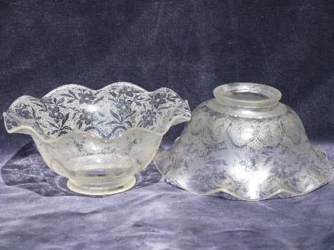 photo of pair vintage matched floral etched glass bridge lamp light shades #1