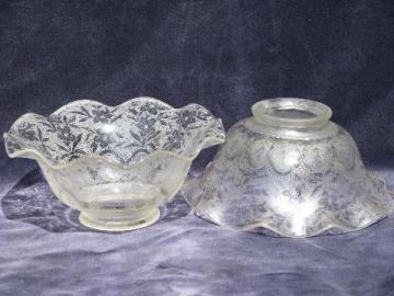 catalog photo of pair vintage matched floral etched glass bridge lamp light shades