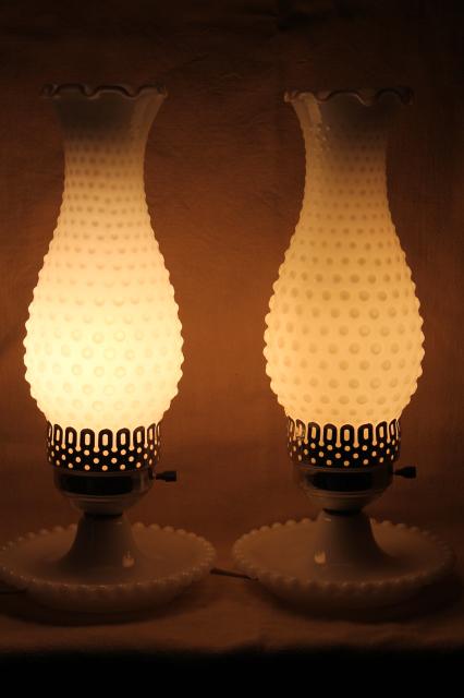 photo of pair vintage milk glass lamps w/ beaded edge lamp bases, hobnail glass chimney shades #2