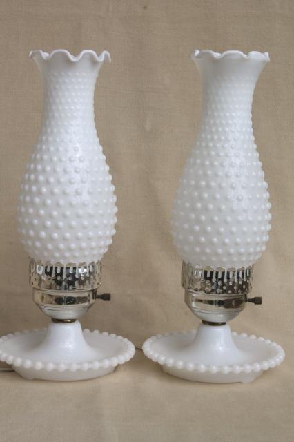 photo of pair vintage milk glass lamps w/ beaded edge lamp bases, hobnail glass chimney shades #3