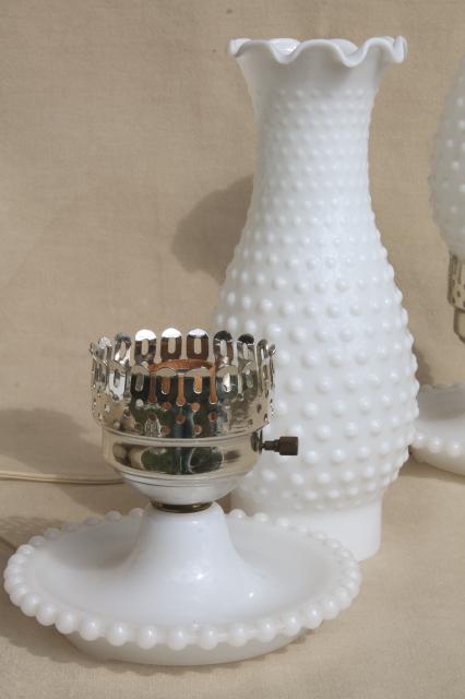 photo of pair vintage milk glass lamps w/ beaded edge lamp bases, hobnail glass chimney shades #4